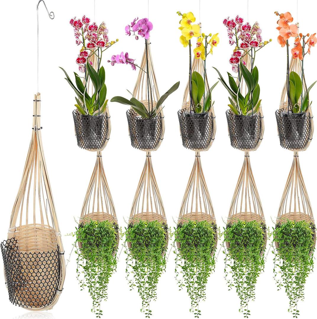 Weysat 10 Pack Hanging Orchid Planter Thai Bamboo Woven 4 Inch Bird Nest Style Orchid Hanging Basket Bamboo Flower Basket with Metal Hook for Trellis Gazebo Indoor Outdoor Wall Small Flower Planter, 19.69 Inches X 4 Inches X 4 Inches