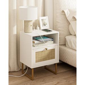 Masupu Rattan Nightstand with Charging Station,Modern Boho Farmhouse Wood Bedside Table with Storage Drawer and Open Shelf,Small Gold Frame Side End Table for Bedroom,Living Room,Office White (Normal Size)