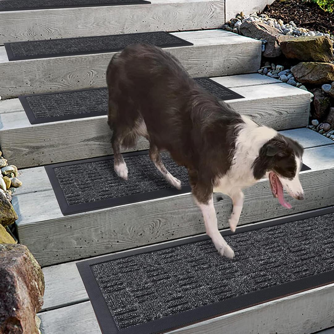 Aucuda 6pcs 8.5" x 30" Stair Treads Outdoor for Elders and Dogs on Wooden Steps, Non Slip Stair Runner Rug Heat Insulation Rubber Backing, Staircase Mat Carpet for Indoor Grip Farmhouse. (Grey)