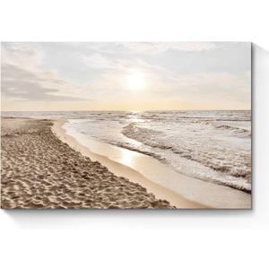 Sunset Beach Picture Wall Art: Sea Waves Canvas Painting Contemporary Ocean Scenery Coastal Artwork Tropical Nature Sands Seaside Seacape Prints for Modern Bathroom Living Room Bedroom (24"L x 16"W)