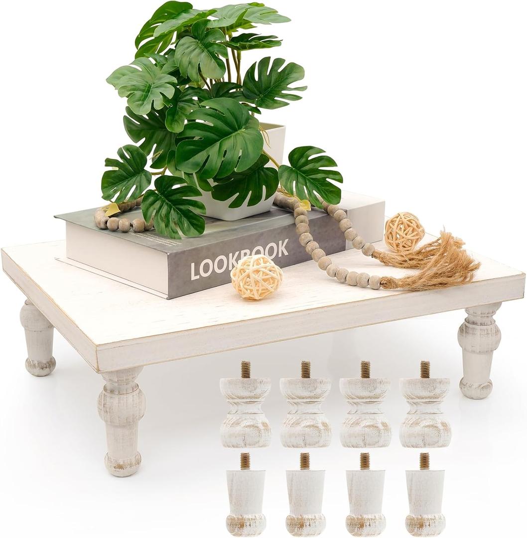 Wooden Riser Decorative Tray, Farmhouse Wood Pedestal Stand, Rustic Whitewashed Tray Riser Display Stand, Coffee Bar, Dining Room, Centerpiece, Kitchen, Bathroom Table Decor (Washwhite)