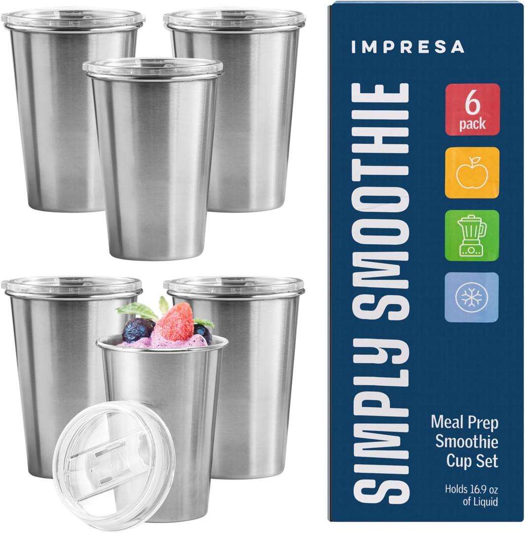 IMPRESA Smoothie Cups for Freezer - 16.9 Oz Stainless Steel Glossy Silver 6-Pack - Reusable Slide-Top Spill-Resistant Lids & Dry-Erase Friendly - Meal Prep Smoothie Storage Containers
