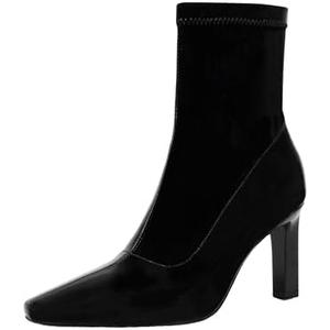 Mofirdast Women's Mid Calf Boots Comfy Square Closed Toe Stiletto High Heel Boot Zipper Short Ankle Booties (10, Black)