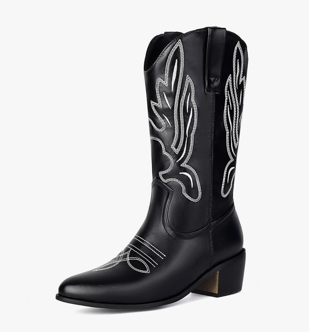 Gicoiz Women Cowboy Pointed Toe Mid Calf Embroidered Boots, 12