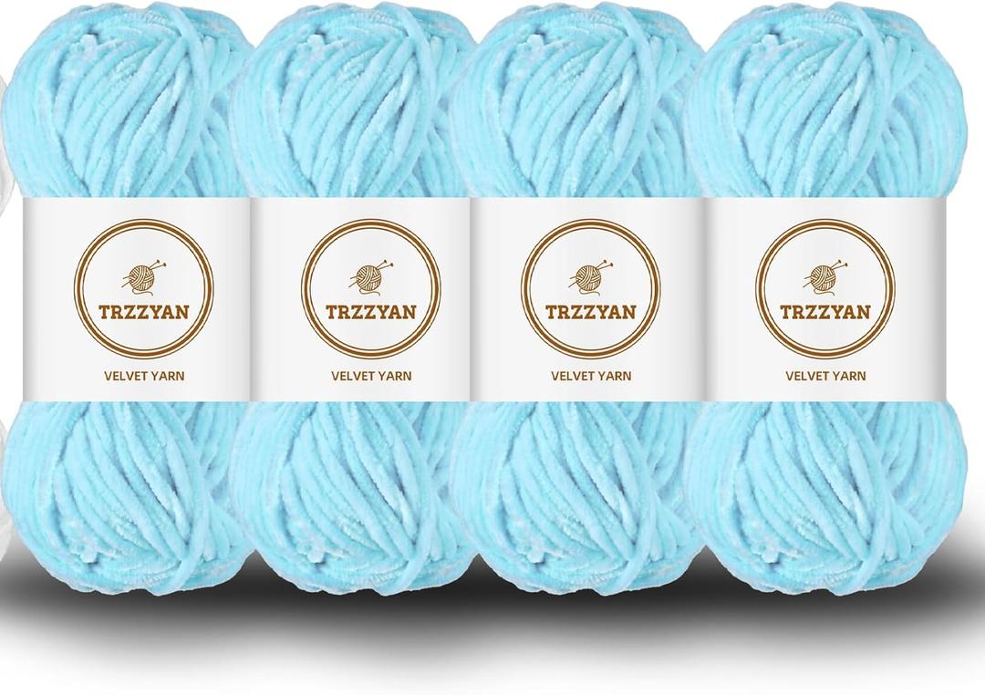3.5 oz/Skein Chenille Plush Velour Cozy Float Lines for Fancy Lines for Crochet DIY Thick Weave Making Toys, Clothing (4 skeins, Sky Blue)