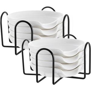 Bokon 7 Pack Ceramic Spoon Rest with Holder, Kitchen Utensil Rest for Stove Top, Dipping Sauce Dishes, Heat Resistant and Dishwasher Safe (White)