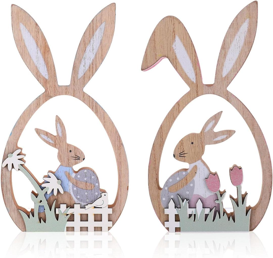 2 Pcs Easter Decorations for Home, Wooden Bunny Standing Tabletop for Rabbit Easter Decor, Cute Bunny Decorations Decor, Farmhouse Ornament Rabbit Sign for Spring Home Decoration