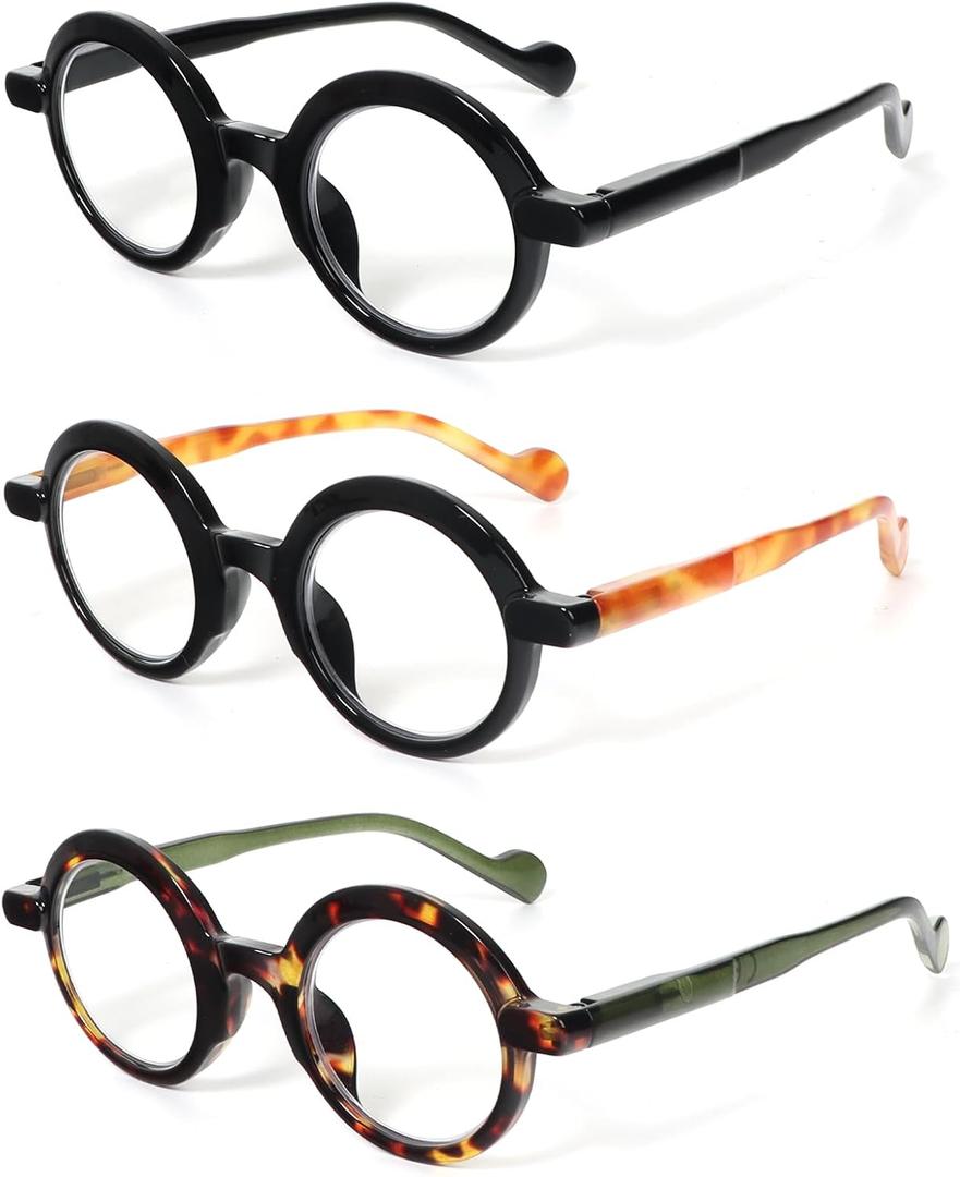 DXYXYO 3 Pack Round Reading Glasses for Women and Men, Stylish Spring Hinge Readers Blue Light Blocking, +2.0