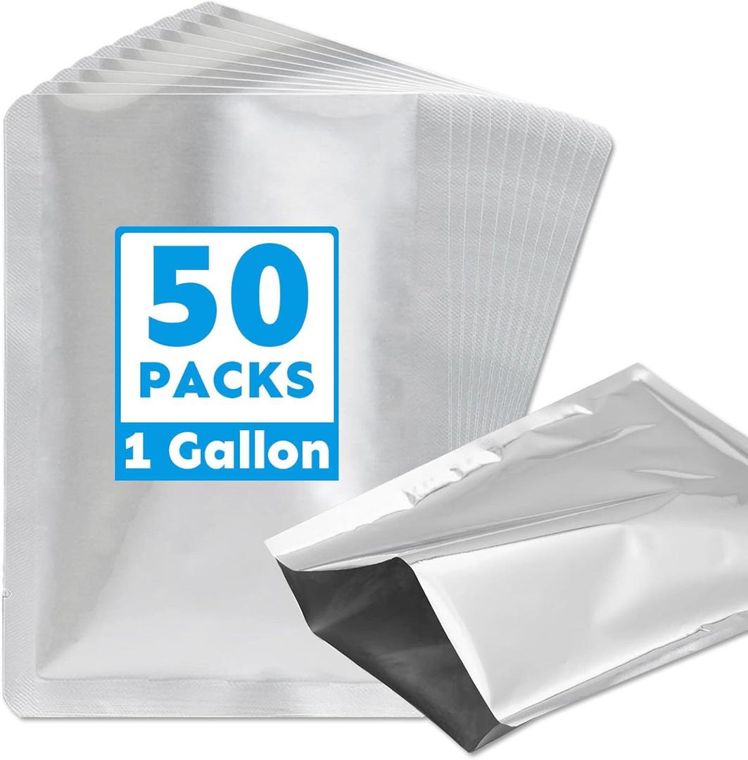 50 PCS 1 Gallon Mylar Bags for Food Storage,10" x 14" Resealable Heat Seal Flat Pouches for Long Term Food Storage,Dried Food,Coffee Beans,Tea,Grains,BPA Free(No Zipper,Flat Bottom)