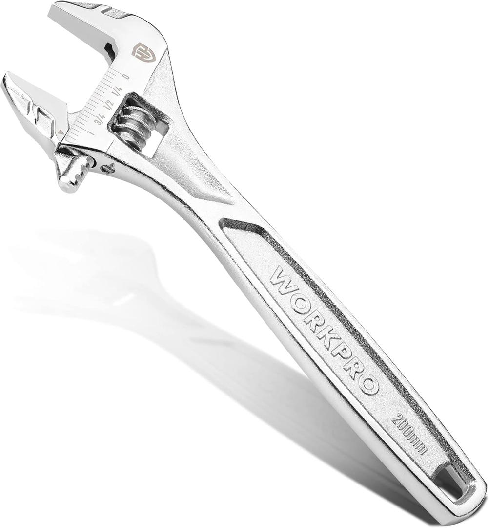 WORKPRO Adjustable Wrench, 8-inch Heavy Duty Spanner with Inch/Metric Scale, Premium Cr-V Steel, Chrome Plated (Silver)
