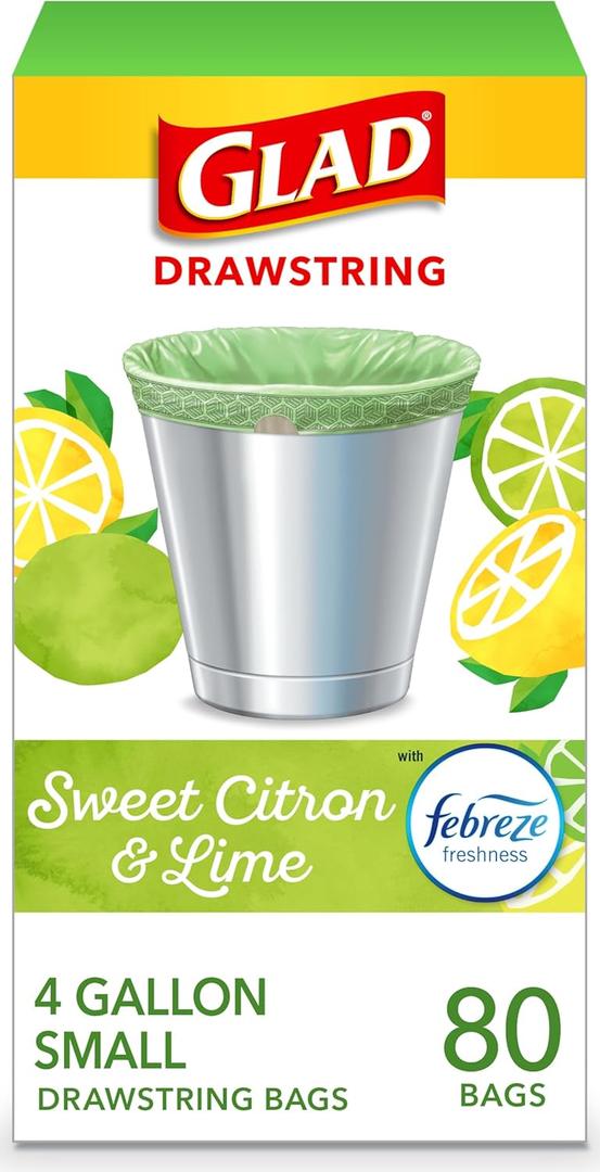 Glad Small Trash Bags 4 Gallon, Febreze Sweet Citron & Lime Garbage Bags, Odor Resistant with Drawstring, 80 Count