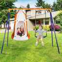 Swing Sets for Backyard, 1 Detachable Hanging Tent Saucer Swing and 1 Belt Swings Seat, 440lbs Heavy-Duty Metal A-Frame 3 Ways to Play