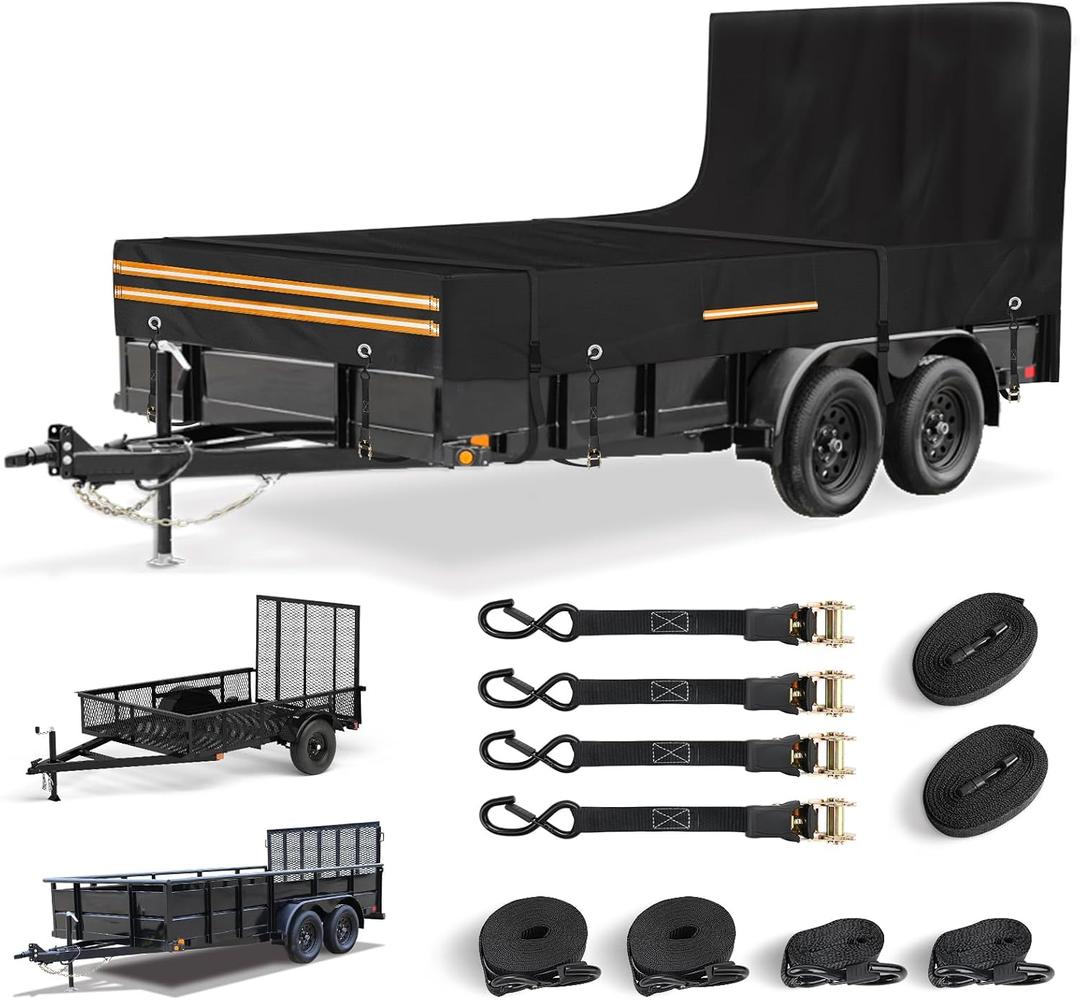 7 x 14 FT 420D Waterproof Utility Trailer Cover, with Ratchet Straps | All-Weather Protection, Windproof & Tear-Resistant Trailer Cover, with Windproof Ratchet Straps, Fits Rear Ramp Trailers