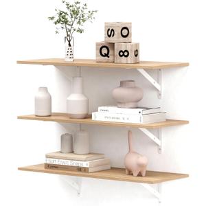 Floating Shelves for Wall, 26.3'' x 7.8'' Inch Hanging Shelf for Storage and Room Decoration, PVC Wall Shelves with Base for Bedroom, Living Room, Bathroom, Kitchen, (Set of 3, Oak)
