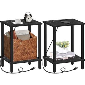 TUTOTAK End Table with Charging Station, Set of 2, Small Side Table, Nightstand Bedside Table, 2Tier Storage Shelf for Small Space, Living Room, Bedroom Marble Black TB01BMK041