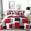 Tyrot 3 Piece Red Black Grey Quilt Set Full/Queen Size Red and White Geometric Reversible Bedding Set Microfiber Lightweight Bedspread Coverlet with 2 Shams Modern Bed Cover for All Season, 90''x96''