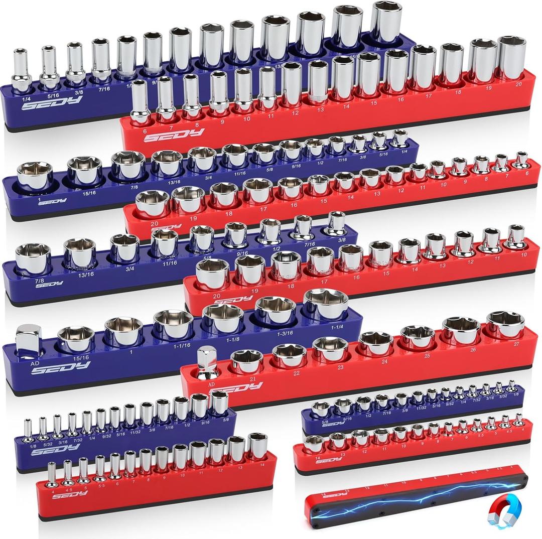 12-Piece 1/4" 3/8" 1/2"-Drive SAE & Metric Magnetic Socket Organizer Set (Holds 143 Sockets) -Detachable Tool Tray with 5mm Magnetic Base for Garage/Home(Sockets Not Included)