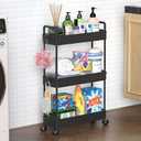 SOLEJAZZ Slim Rolling Storage Cart with Wheels 3 Tier Skinny Bathroom Storage Organizer Thin Laundry Room Utility Cart Space-Saving for Bedside Kitchen Office Small Narrow Places, Black