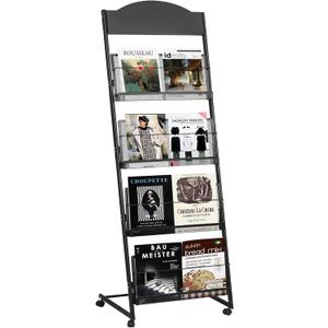 18.9''W Floor-Standing Magazine Display Rack, Rolling Journals, Brochure & Newspaper Stand, Literature Holder for Trade Shows, Exhibitions, & Offices, Black
