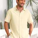Runcati Mens Button Down Linen Shirts Short Sleeve Casual Summer Beach Tops (Beige)
