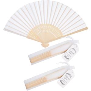 50pcs Fabric Hand Fan Fabric Bamboo Handheld Folded Fan with Organza Bags and Thank you Tags Wedding Party Favors (White)