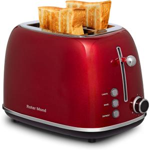 Roter Mond 2 Slice Toaster Retro Stainless Steel with Bagel, Cancel, and Defrost Functions, 6 Bread Shade Settings, Extra Wide Slots and Removable Crumb Tray, Red