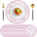 60 Pcs Pink Floral Paper Placemats, 13.5 Inch Disposable Scalloped Table Mats Wedding Placemats, Vintage Floral Banquet Place Mats for Table Setting Mother's Day Anniversay Wedding Bridal Tea Party