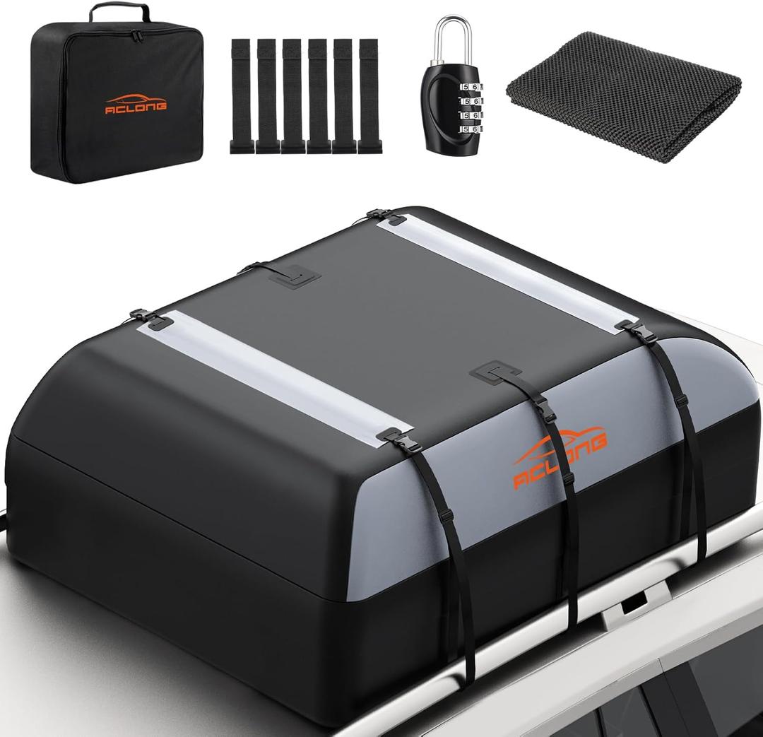 21 Cubic Feet Car Roof Bag 840D Waterproof Rooftop Cargo Carrier Bag for All Cars with/Without Racks Includes Anti-Slip Mat Storage Bag Combination Lock 6 Door Hooks