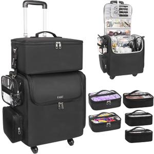 Relavel Rolling Makeup Case, Hair Tools Travel Bag Cosmetology Case on Wheels with 2 Clear Bags, Professional Hairstylist Bag Makeup Artist Storage Train Case Barber Organizer with 360° Spinner Wheels