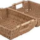 OIAHOMY Storage Baskets, Small Paper Rope Wicker Organizers with Wooden Handles, Baskets for Organizing, 2-Pack, Yellow (14.2"*10.8"*4.1")