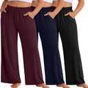3 Pack Women Plus Size Wide Leg Pants Loose Fit Palazzo Lounge Yoga Sweatpants High Waist Casual Pajamas Pants (5X-Large, Wine Red, Blue, Black)