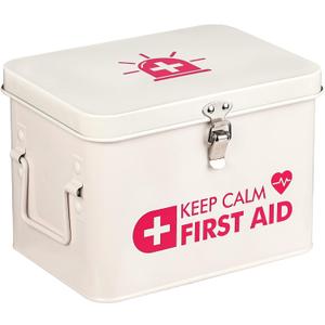 Kamehame First Aid Box, Keep Calm First Aid Medicine Storage Bin with Lid, Vintage Metal First Aid Organizer Empty Box for Home Emergency Tool Set, Latch Closure, Removable Tray and Side Handles
