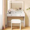 COMHOMA Makeup Vanity Desk with Mirror and Lights, Vanity Table and Chair Set with 5 Drawers and Charging Station, Bedroom Dresser LED Mirror Stepless Dimmable & 3 Color Modes Adjustable, Pearl White