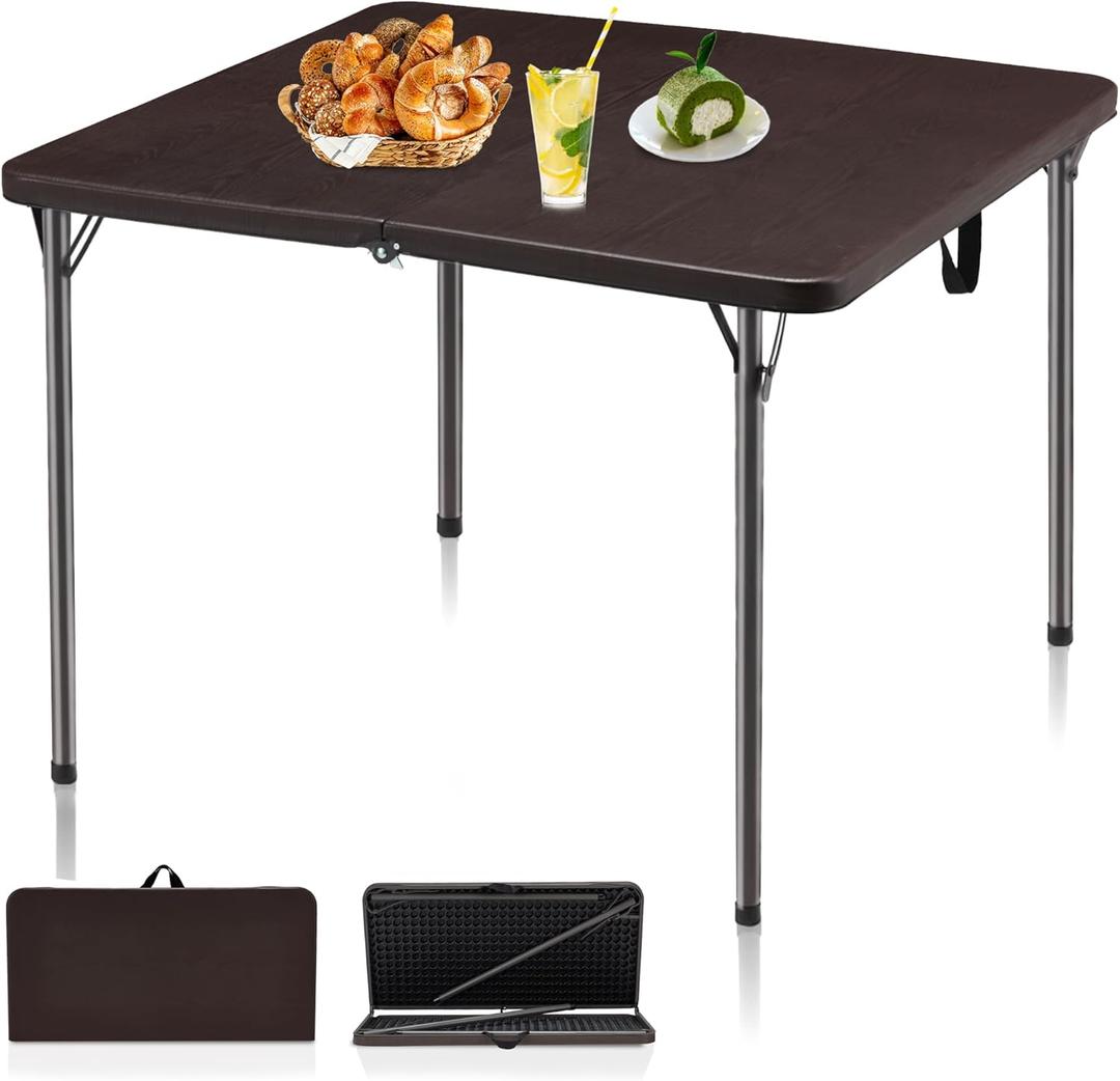 34" Folding Table, Portable Square Folding Card Table with Collapsible Legs & Carrying Handle, Plastic Tables for Camping,Picnic, Office, Party, Brown