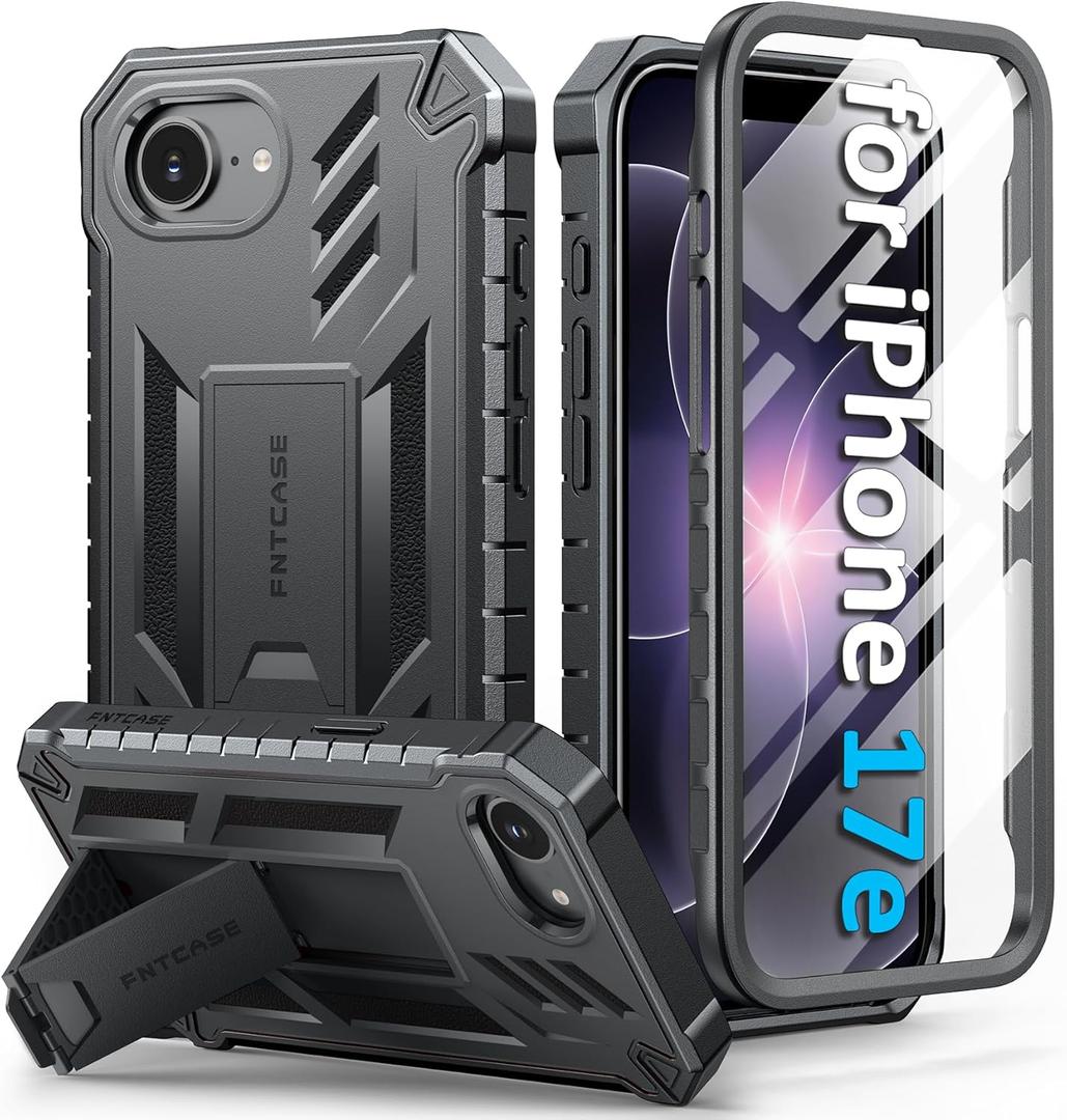 FNTCASE for iPhone 17e Phone Case: [Built-in Screen Protector & Kickstand] [Military-Grade Drop Protection] Heavy Duty Protective Full Body Shockproof TPU Rugged Protective Phone Cover Black