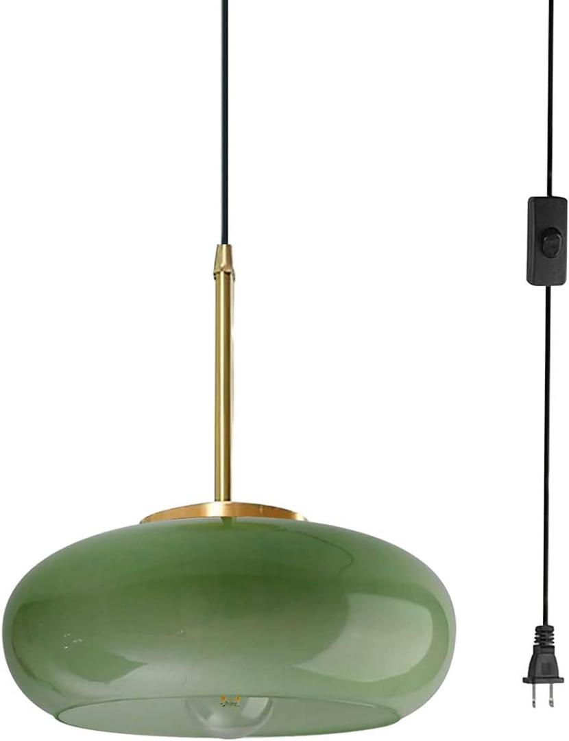 Plug in Glass Hanging Lamp Mid Century Pendant Light Plug in Cord Milk Glass Dark Green Lamp Shade Golden Brass Plug in Pendant Light Fixtures Adjustable Pendant Lights Cord Dining Room
