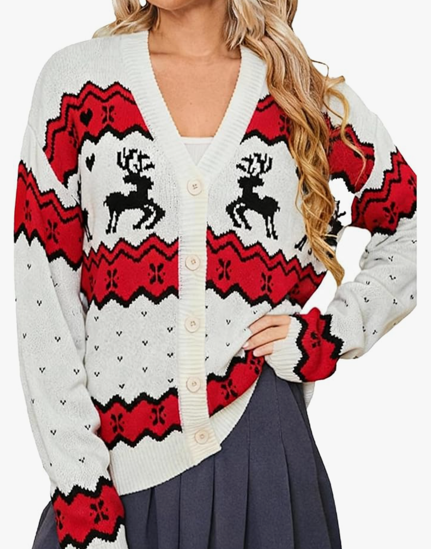 Simplee Womens Christmas Cardigan Casual Funny Reindeer Button Knit Open Front Cute Sweater for Holiday Party, L