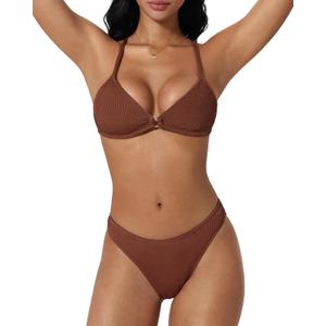 SUUKSESS Women High Waisted Triangle Bikini Sets Textured O Ring 2 Piece Swimsuit (Small, 178 Dark Brown)