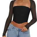REORIA Women's Sexy Mesh Long Sleeve Boned Corset Top Trendy Y2K Square Neck Going Out Bustier Crop Tops (XX-Large, Black)