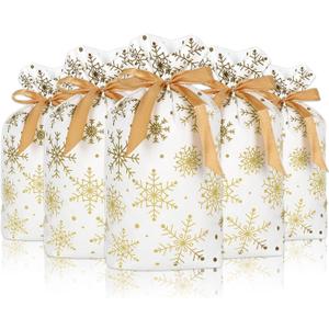 Whaline 72Pcs Christmas Plastic Drawstring Gift Bags 5.9 x 9.1 Inch White Gold Snowflake Treat Bags with Gold Ribbon Candy Goodies Bags for Winter Xmas Party Supplies