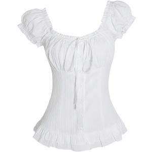 SOLY HUX Women's Frill Trim Button Down Shirts Tie Front Puff Sleeve Ruffle Blouse Tops (White, L)
