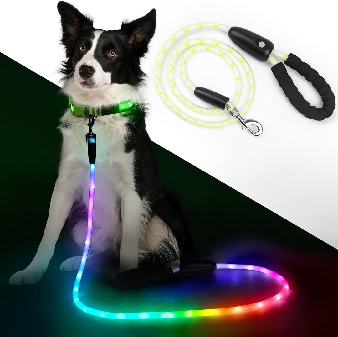 YFbrite 5FT Light up Dog Leash with 15 Flashing Modes - Super Bright LED Dog Leash for Small Medium Large Dogs - Type-c Rechargeable Dogs Leashes Light (Multi-Color, 5FT (150cm))