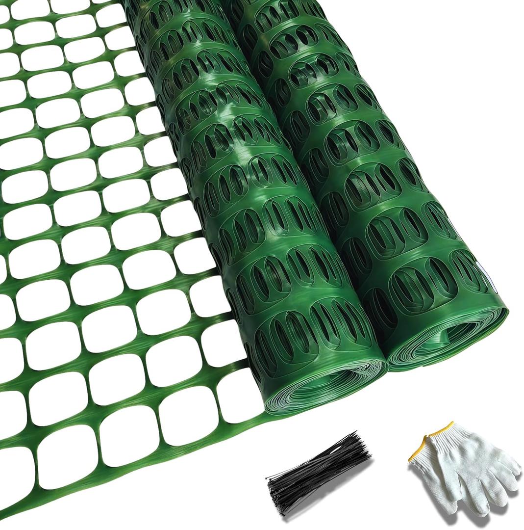 PotatoLife Plastic Mesh Fence Safety Fence, 2 Roll 4'x100' with 100 Zip Ties, Resuable Temporary Netting for Garden Fencing, Construction, Snow Fencing, Animal Barrier, Poultry, Deer, Patio, Green