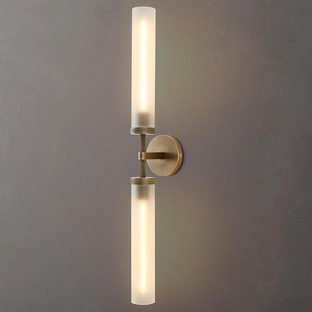 30" 2 Lights Hardwired Frosted Glass Bathroom Wall Sconces, Handmade Knurled Brass Wall Light Fixture,Modern Vanity Light for Living Room,Hallway, Bedroom, Indoor Wall Lamp, Bulb Included (30-In-Brass-1-Pack)