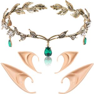 FRESHME Elf Ears with Crown Set, Soft Fairy Ears and Crystal Crown Headband for Women Halloween Cosplay Costume Party