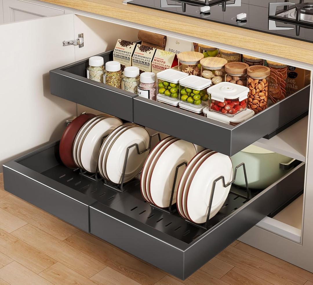 Seinloes 2 Pack Pull out Cabinet Organizer 21"Deep With Raising Pad for Framed Cabinets, Expandable Slide out Drawers for Kitchen Cabinets with 4pcs Divider Racks, Roll out Shelves 12.1"-20.4" W Black
