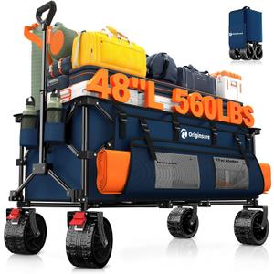 48" L Collapsible Wagon Cart Foldable, 560lbs Weight Capacity 300L Heavy Duty Folding Beach Wagons with Big All-Terrain Wheels, Utility Carts for Groceries, Shopping, Camping, Sports - Blue