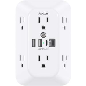 Addtam Surge Protector Outlet Extender, 6-Outlet Splitter with 4 USB Wall Charger(PD 20W), Multi Plug Wall Outlet 1800J Power Strip for Home Office Dorm Room Essentials (White)