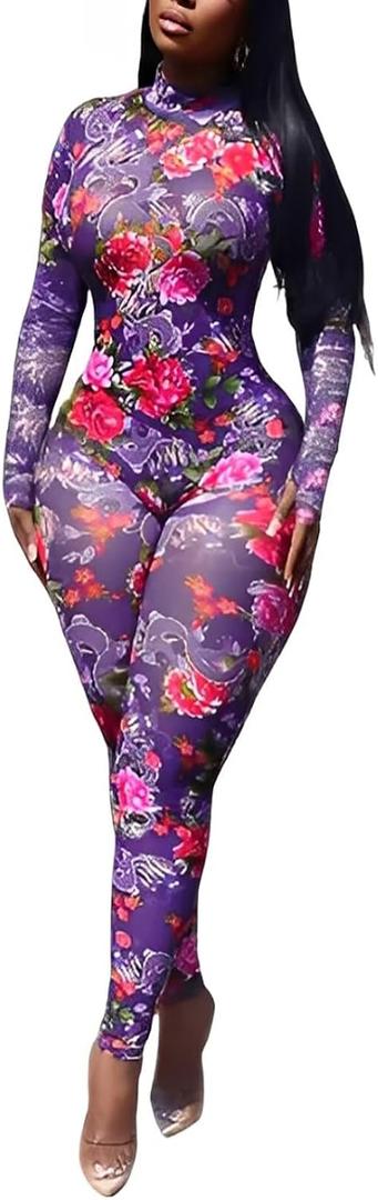 kaimimei Women Floral Print Mesh Bodycon Jumpsuit See Through Backless One Piece Outfits Romper Clubwear (Purple, XL)