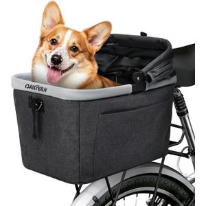 Foldable Dog Rear Bike Basket Supports Up to 22 lbs with Metal Frame, PE Support Plate, Quick-Install Mount for 3.54-4.72 inch Diameter Tubes, Mesh Window, Soft Cushion & Reflective Strips